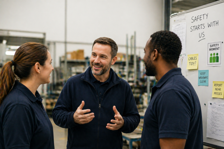 Three colleagues discussing health and safety in a workplace, standing beside a whiteboard with safety reminders.